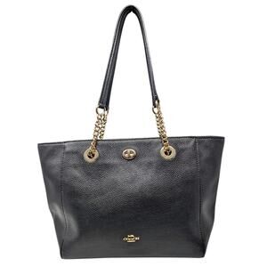 Coach Black Pebble Leather Gallery Chain Tote Shoulder Bag Gold Hardware